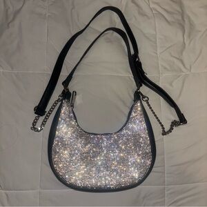 Silver and black rhinestone shoulder bag with chain strap